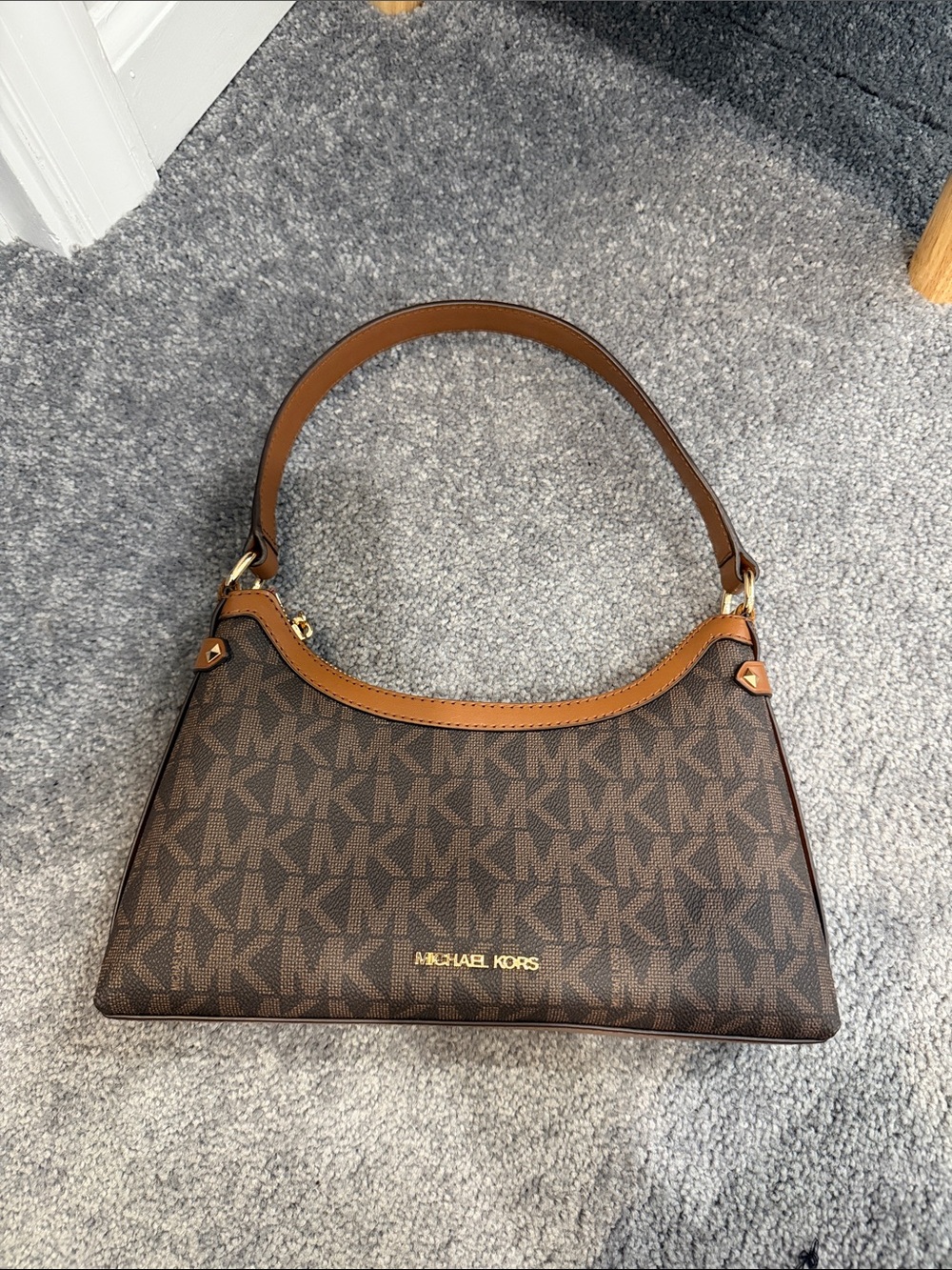 Michael Kors Brown MK Signature Shoulder Bag with Tan Trim